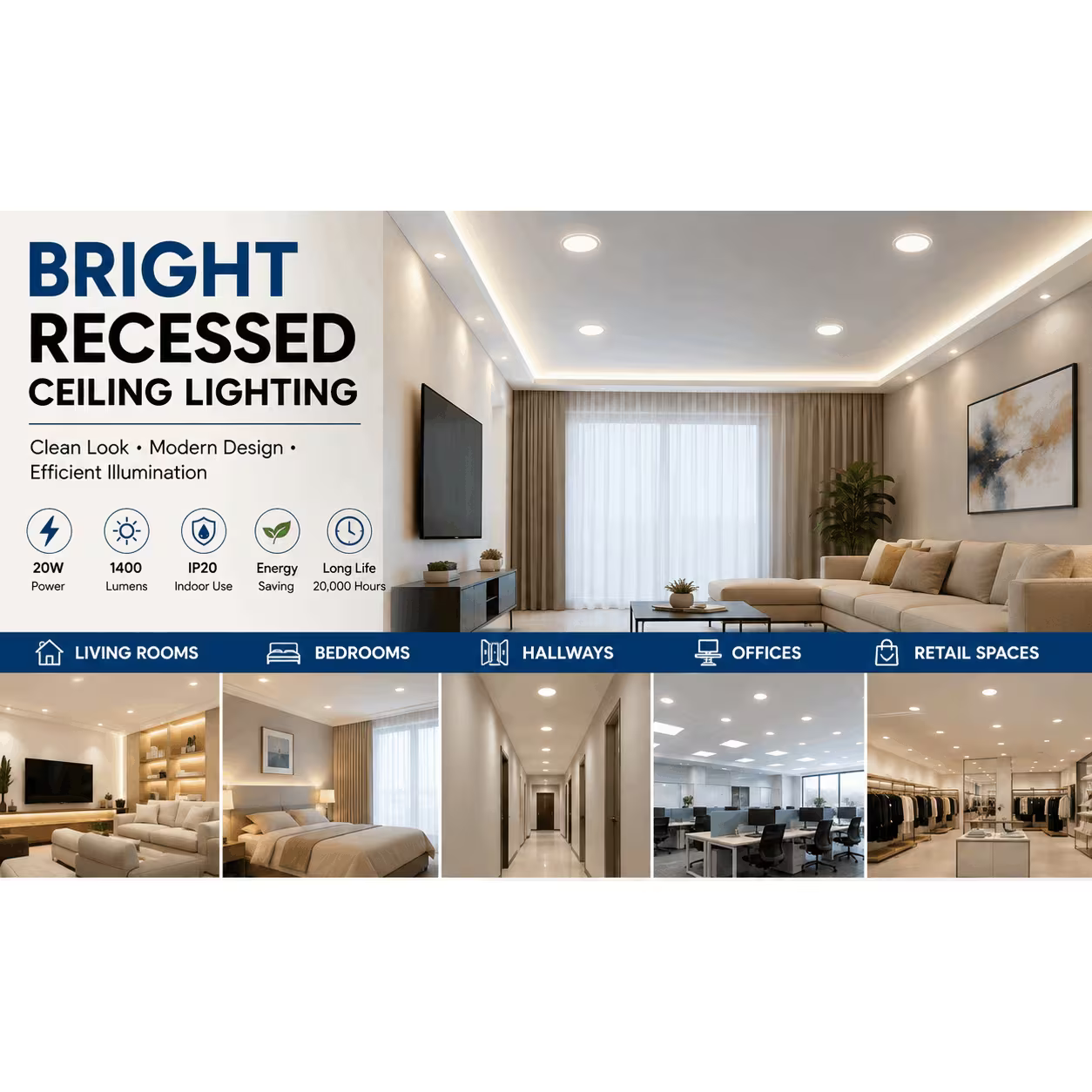 20W LED Downlight – White, 6500K Cool White Round Recessed Ceiling Light with 1400LM Output, LED Driver, 168mm Diameter & 140mm Cutout for Home, Office & Shop Use