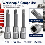 M9 Spline Bit Socket 1/2 Inch Drive (Silver) - 4 Inch Long CR-V Metal Triple Square Socket Tool for Ratchet, Car Repair & Workshop Maintenance