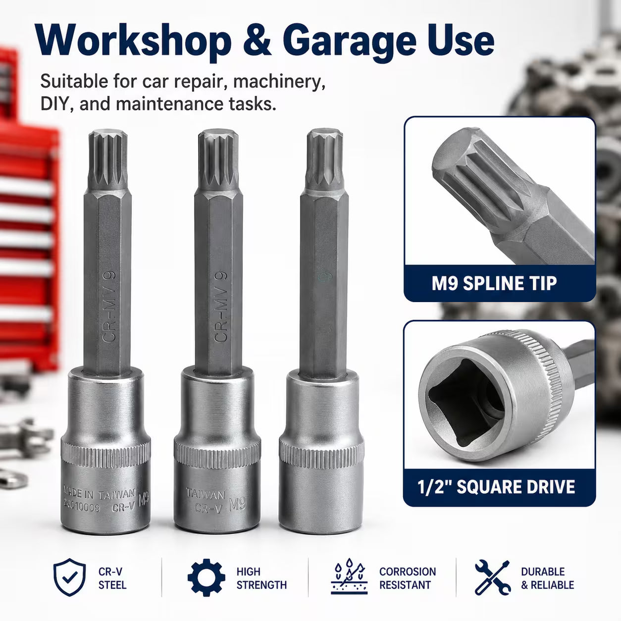 M9 Spline Bit Socket 1/2 Inch Drive (Silver) - 4 Inch Long CR-V Metal Triple Square Socket Tool for Ratchet, Car Repair & Workshop Maintenance