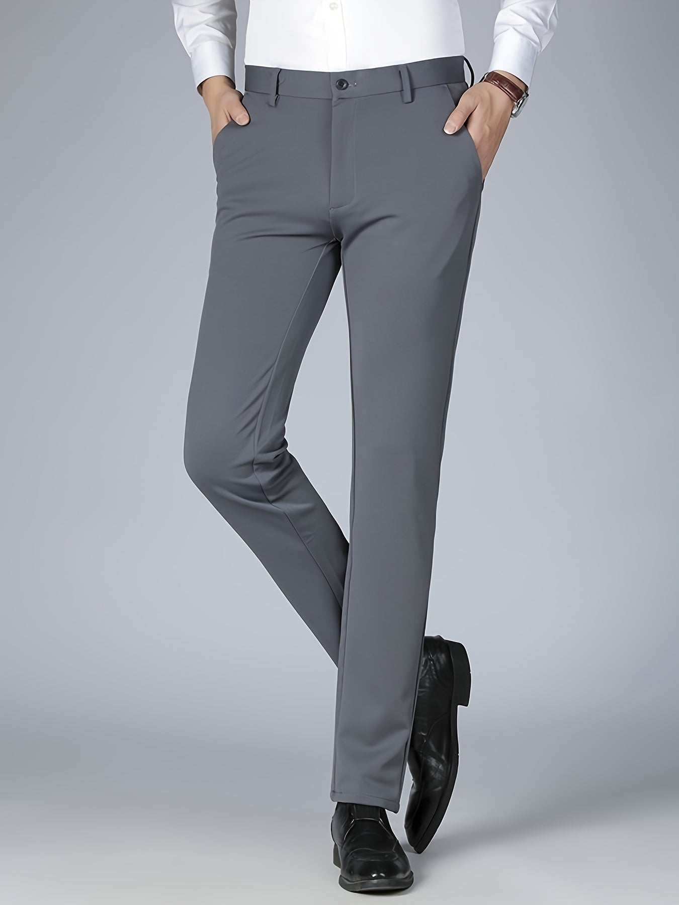 Men’s Summer Stretch Business Casual Pants in Silvery Grey (Size: AE 34) – Lightweight Wrinkle-Free Straight-Leg Slim Fit Office Trousers