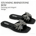Women’s Square-Toe Rhinestone Bow Slide Sandals – Cushioned Flat Slip-On Shoes