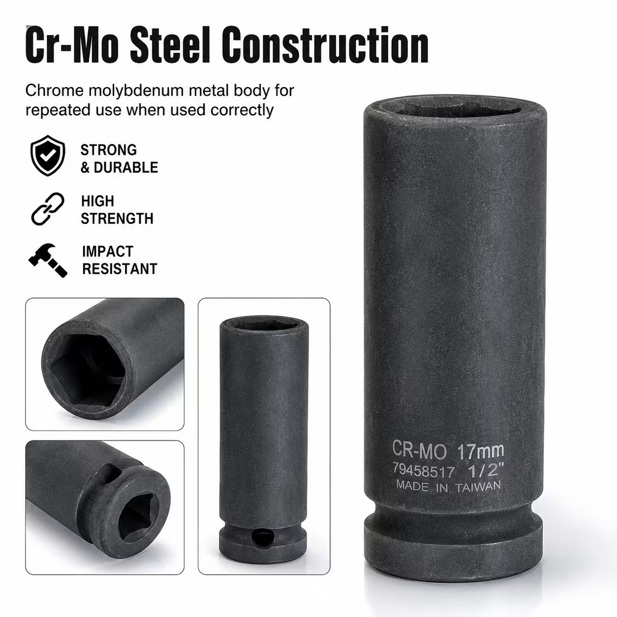 17mm Deep Impact Socket – Black, 1/2-Inch Square Drive, 6-Point CR-Mo Steel Socket for Impact Wrench, Ratchet, Breaker Bar & Automotive Repair