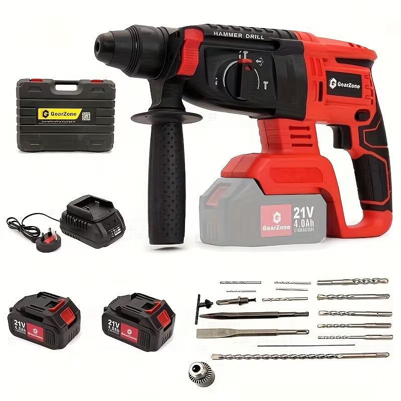 Red 1-1/4-Inch Cordless Rotary Hammer Drill - Brushless Motor, 3-Function Electric Hammer for Concrete, Safety Clutch, 2pcs Rechargeable Batteries, 15-Piece Drill Bit Set, Portable Toolbox for Construction, Masonry And DIY Projects