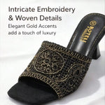 Women's Square-Toe Mule Sandals – Embroidered Mesh, Spool Heel, Golden Thread Detail
