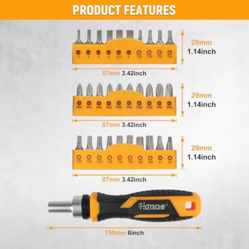 31pcs Ratchet Screwdriver Set - Black/Yellow, 30-In-1 Magnetic Screwdriver Kit, Cr-V Steel Bits, Double-Color Non-Slip Handle, Forward & Reverse Ratchet, Household DIY & Electrical Appliance Repair Tool Set