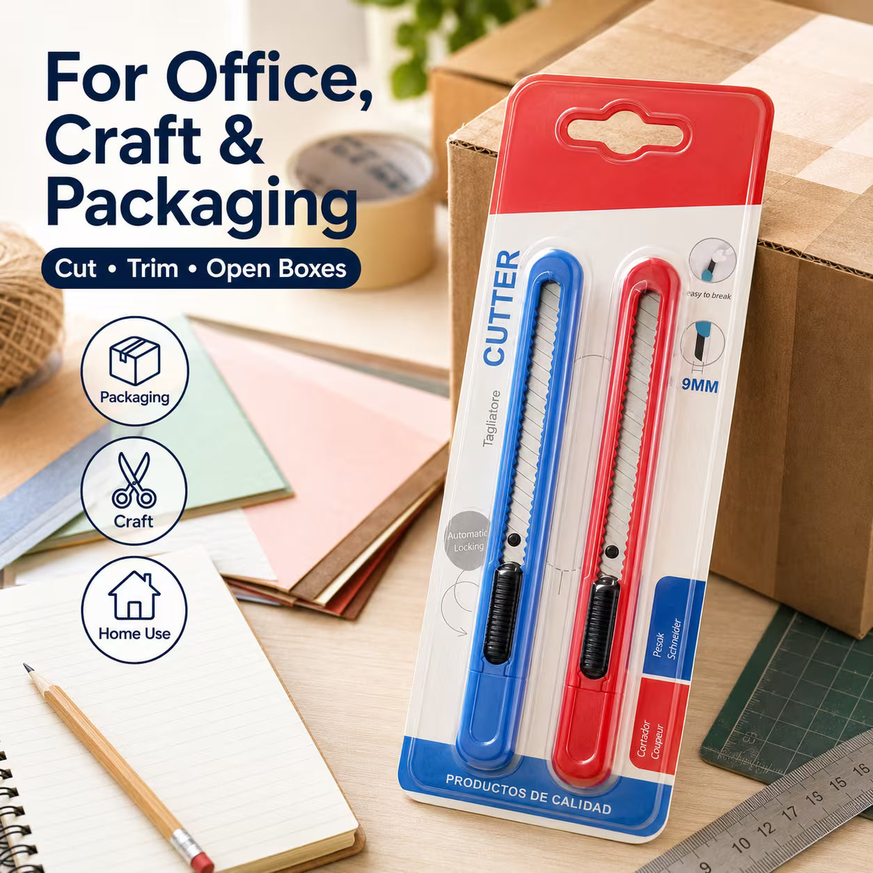 2pcs Utility Cutter Set – Red & Blue, 9mm Snap-Off Blade, Automatic Locking Box Cutter, Compact Craft Knife for Office, School, DIY & Box Opening