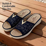 Women’s Rhinestone Platform Slide Sandals – Open-Toe Wedge Shoes with V-Metal Accents