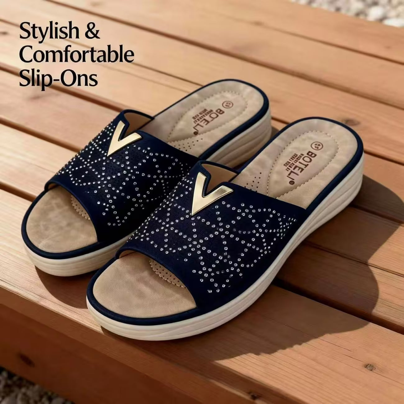 Women’s Rhinestone Platform Slide Sandals – Open-Toe Wedge Shoes with V-Metal Accents