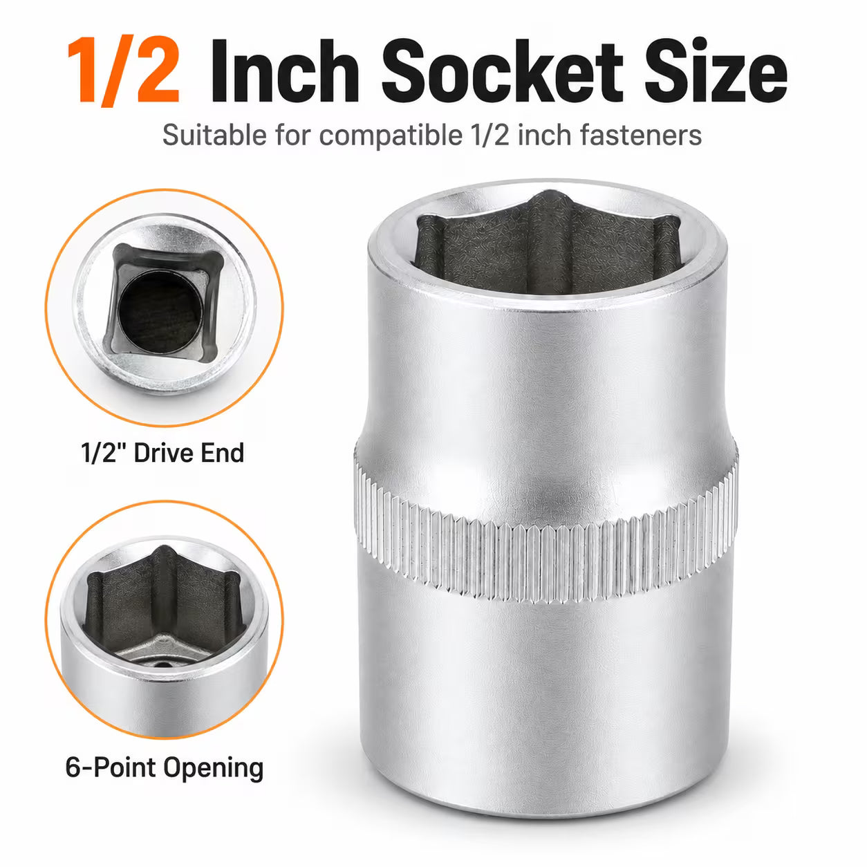 1/2-Inch Socket – Silver, 1/2-Inch Square Drive, 6-Point CR-V Chrome Vanadium Steel Socket for Ratchet, Breaker Bar & Automotive Repair