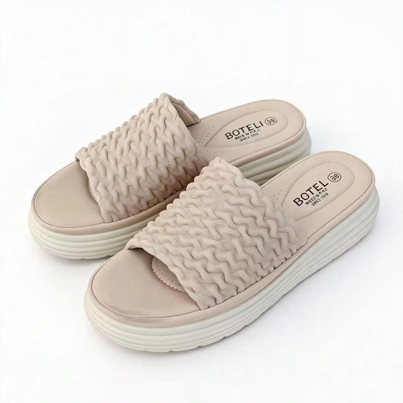Women’s Ruched Platform Slide Sandals – Open-Toe Wedge Shoes with Braided Straps