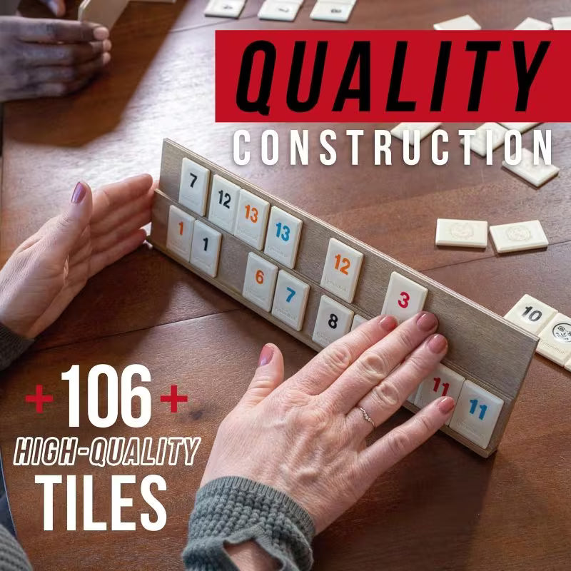 Front Porch Classics Rummikub Edition - Classic Wooden Storage Case with 4 Built-In Drawers, 106 Rummikub Tiles, Classic Board Game for 2-4 Players, Ages 8+, Family Game Night