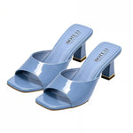Women's Patent Mule Slides – Open Toe, Block Heel, Golden Trim Detail