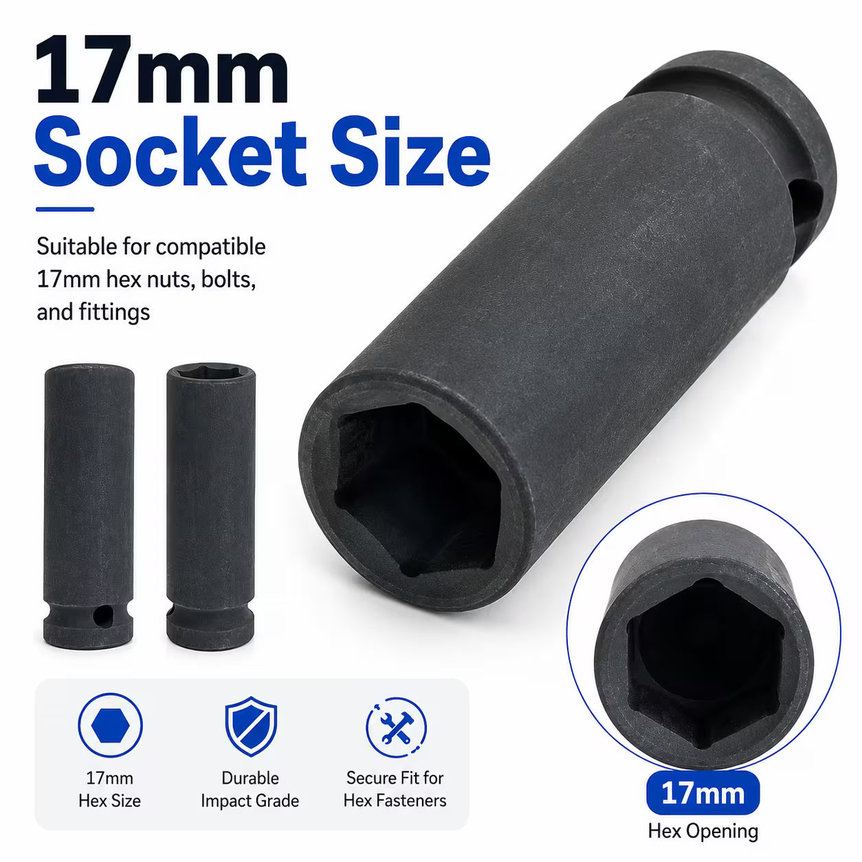17mm Deep Impact Socket – Black, 1/2-Inch Square Drive, 6-Point CR-Mo Steel Socket for Impact Wrench, Ratchet, Breaker Bar & Automotive Repair