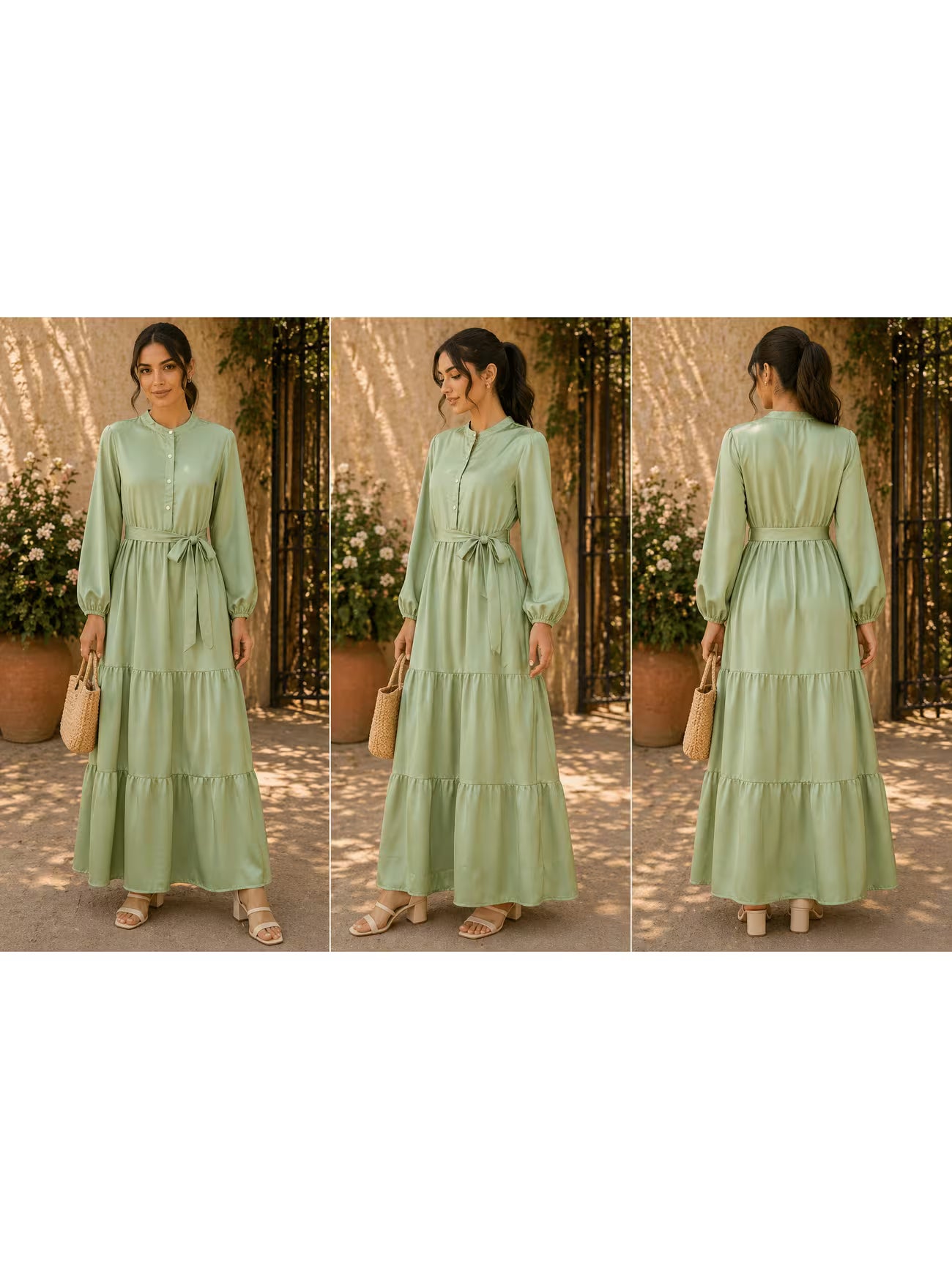 Linelle Sage Green Satin Tiered Casual Dress