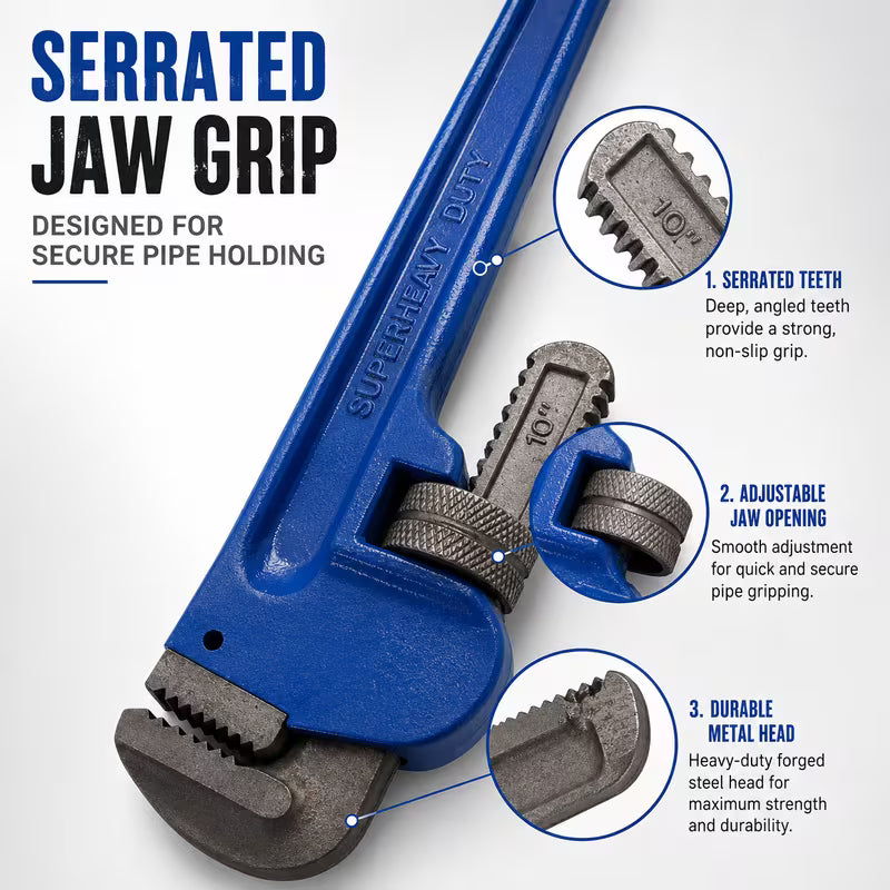 10 Inch Adjustable Straight Pipe Wrench - Blue & Black, Toothed Jaw, Knurled Adjustment Wheel, Adjustable Plumbing Wrench, Metal Pipe Fitting Repair Hand Tool for Home, Workshop & Maintenance
