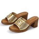Women’s Metal Buckle Mule Sandals – Retro Wood-Texture Block Heel Slip-On Shoes