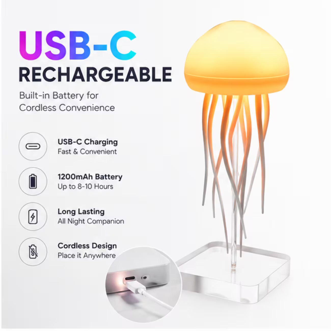 LED Jellyfish Lamp – White, RGB Color-Changing Moving Jellyfish Night Light with USB-C Rechargeable Battery, Ambient Mood Light for Bedroom, Kids Room, Desk & Home Decor
