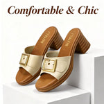 Women’s Metal Buckle Mule Sandals – Retro Wood-Texture Block Heel Slip-On Shoes