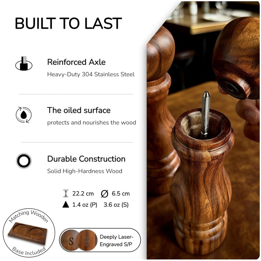 9-Inch Beech Wood Salt Mill – Refillable Manual Grinder with Adjustable Grind