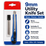 9mm Utility Knife Set – Blue, Automatic Lock Snap-Off Box Cutter, Carbon Steel Blade, 5 Replacement Blades, ABS Handle for Office, Crafts & DIY
