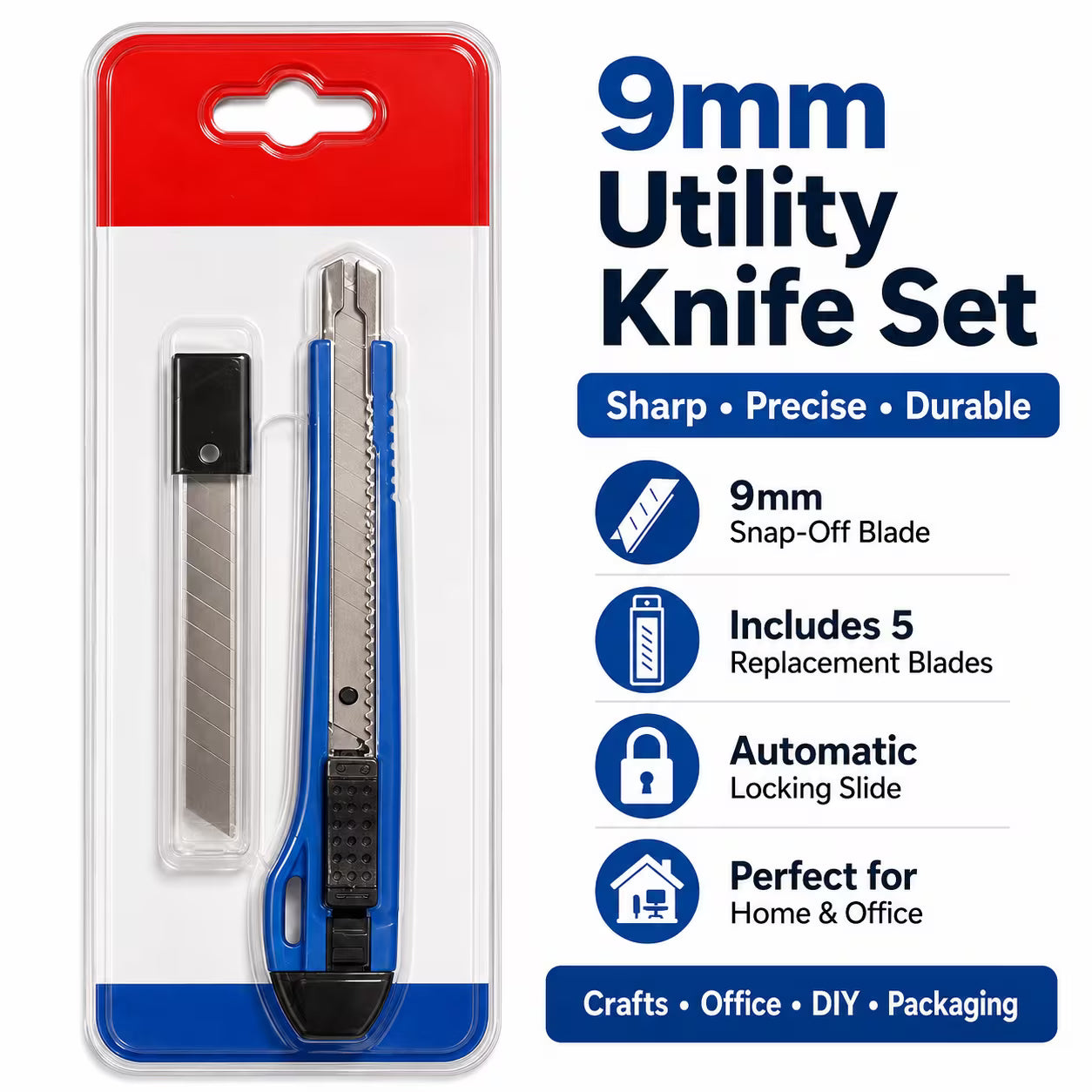 9mm Utility Knife Set – Blue, Automatic Lock Snap-Off Box Cutter, Carbon Steel Blade, 5 Replacement Blades, ABS Handle for Office, Crafts & DIY