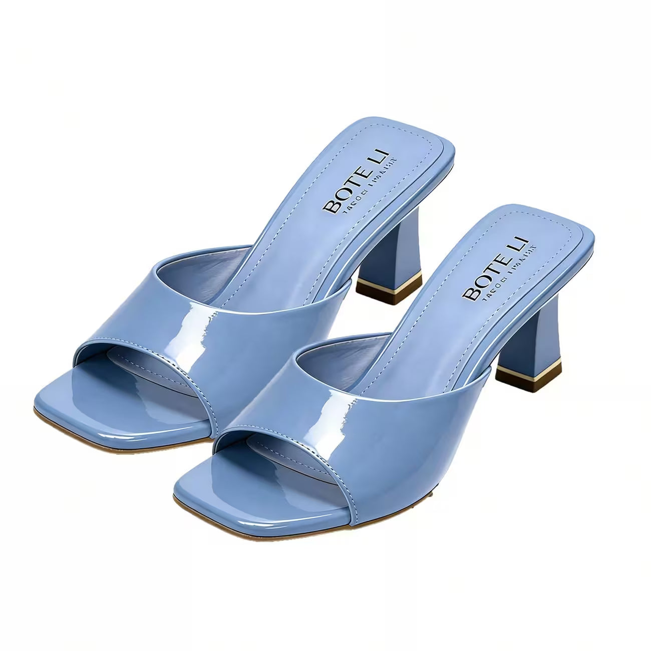Women's Patent Mule Slides – Open Toe, Block Heel, Golden Trim Detail