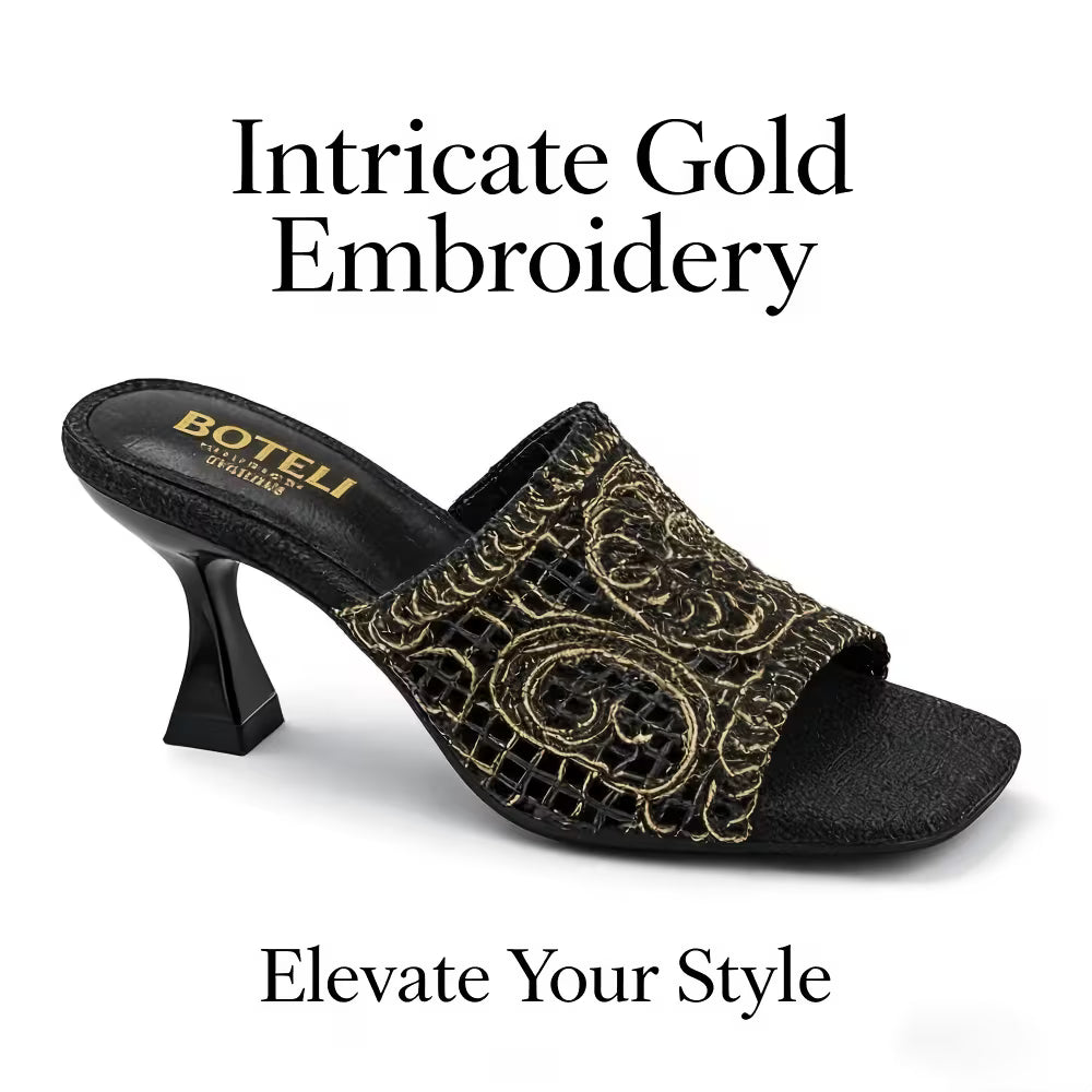 Women's Square-Toe Mule Sandals – Embroidered Mesh, Spool Heel, Golden Thread Detail