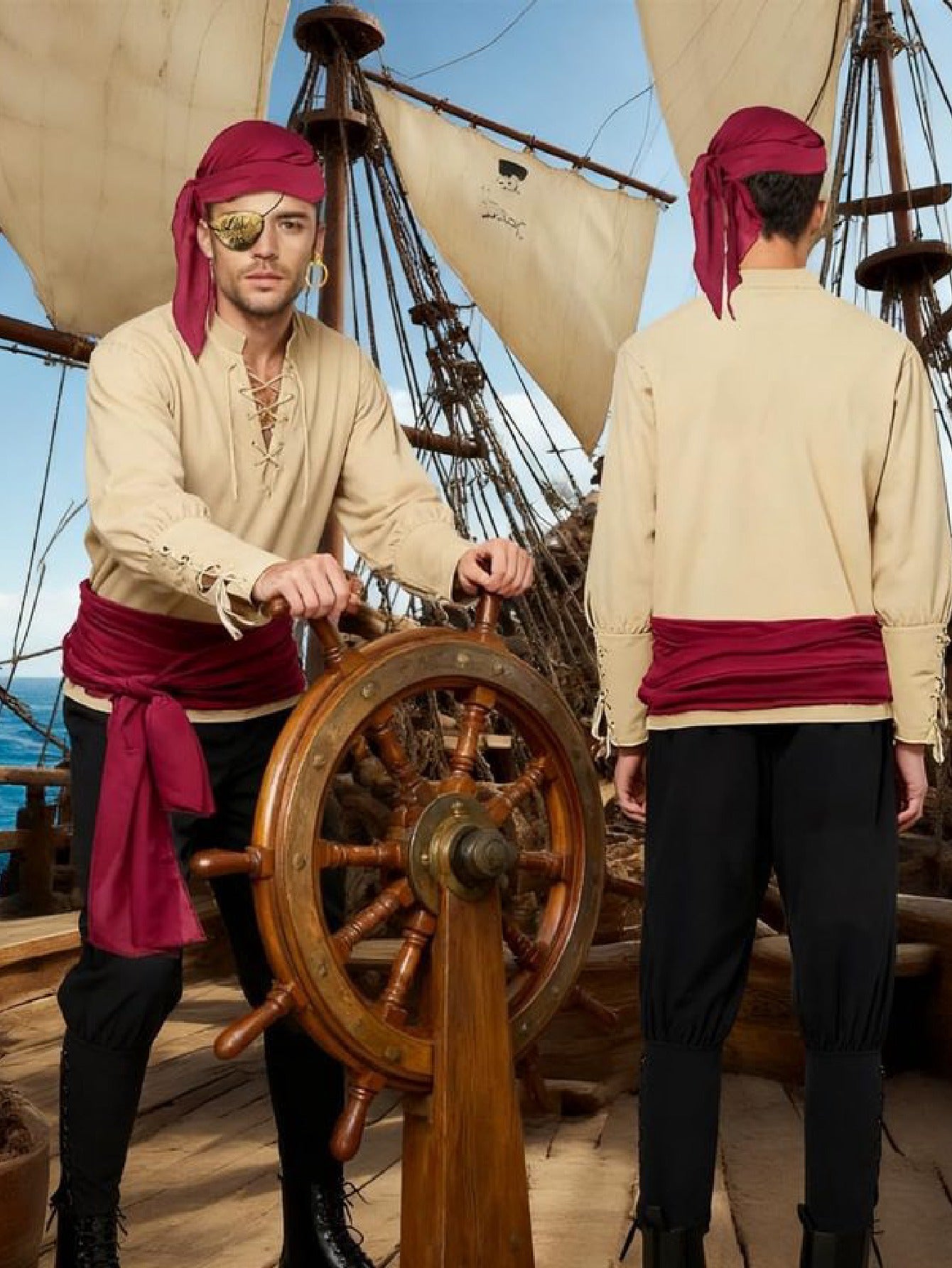 Men’s Medieval Pirate Costume Set – Retro Renaissance Shirt & Pants with Scarf & Accessories