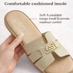 Women’s Cross-Strap Flat Slide Sandals – Open-Toe Shoes with Golden Buckle