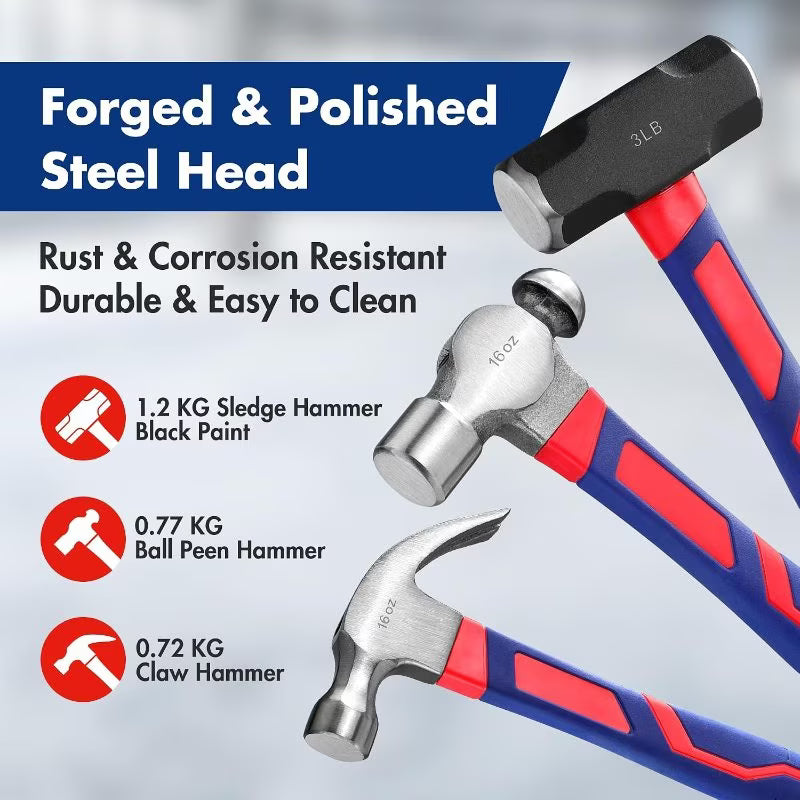 5pcs Hammer Set – Black & Silver, Fiberglass Handle with Forged Steel Heads for Construction, Carpentry, Workshop & DIY Projects