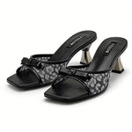 Women's Leopard Print Bow Mules – Square Toe, Metallic Heel, Slip-On Sandals