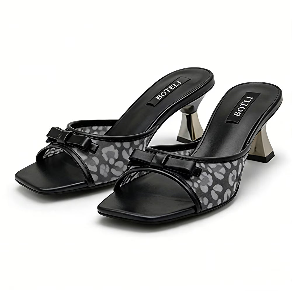 Women's Leopard Print Bow Mules – Square Toe, Metallic Heel, Slip-On Sandals