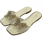Women’s Rhinestone Butterfly Slide Sandals – Square-Toe Flat Summer Shoes