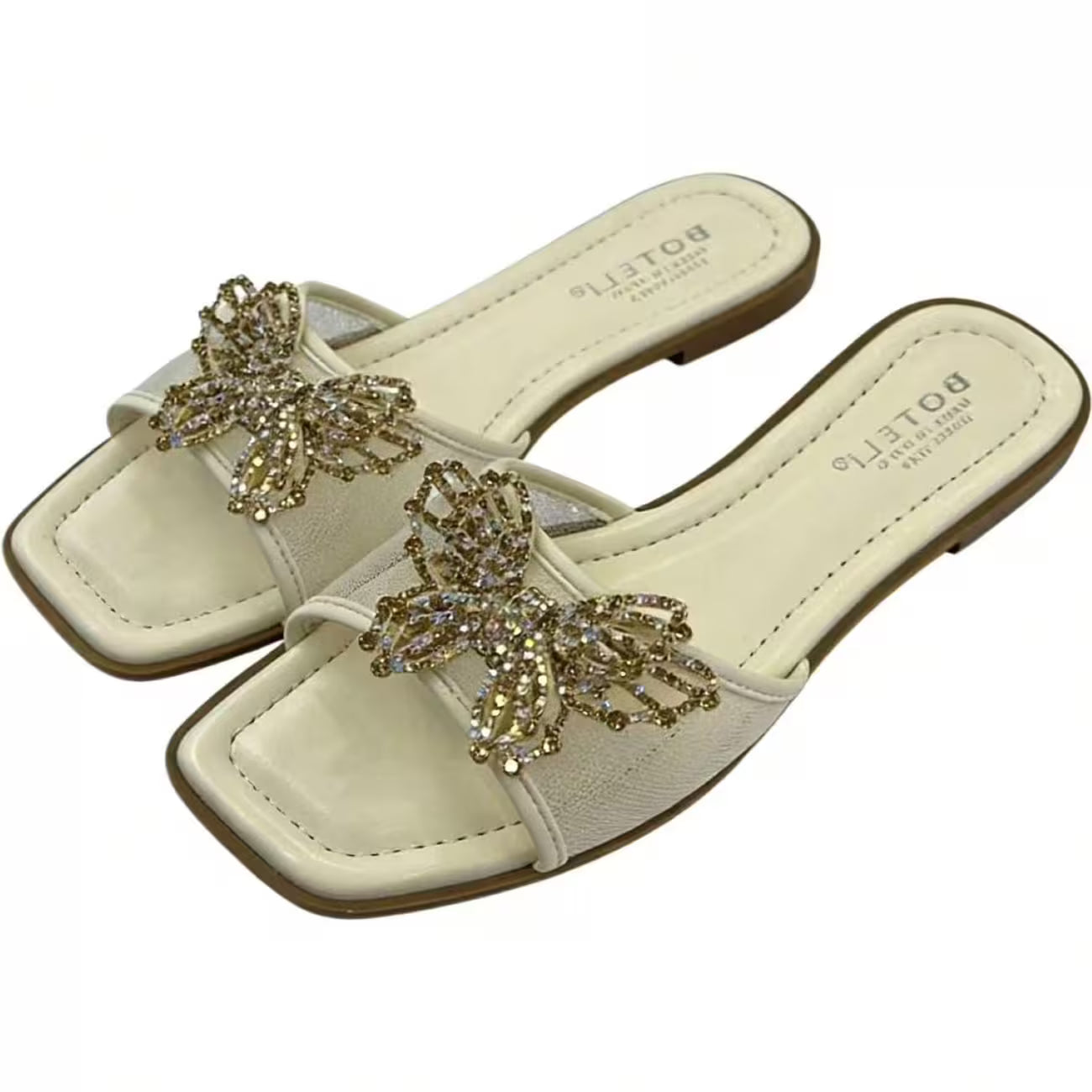 Women’s Rhinestone Butterfly Slide Sandals – Square-Toe Flat Summer Shoes