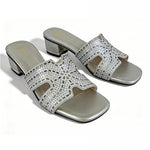Women's Rhinestone Mule Sandals – Square Toe, Block Heel, Glittery Cut-Out Design