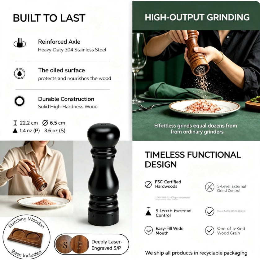 9-Inch Beech Wood Salt Mill – Refillable Manual Grinder with Adjustable Grind