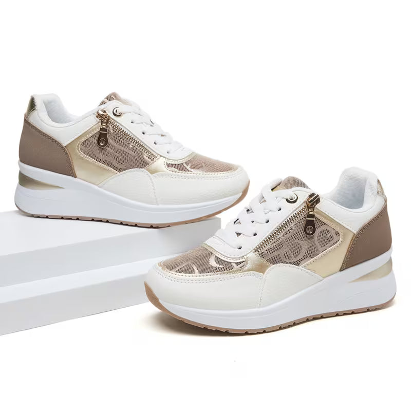 Women's Vintage Wedge Platform Sneakers – Letter Print, Metal Side Zipper, Breathable Mesh