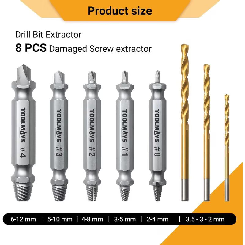 8pcs Damaged Screw Extractor Set - Metal HSS Screw Remover Kit, 3 Twisted Drill Bits, Stubborn Screw & Bolt Removal Tools, Rusted Screw Extractor Set for Home, Workshop & DIY