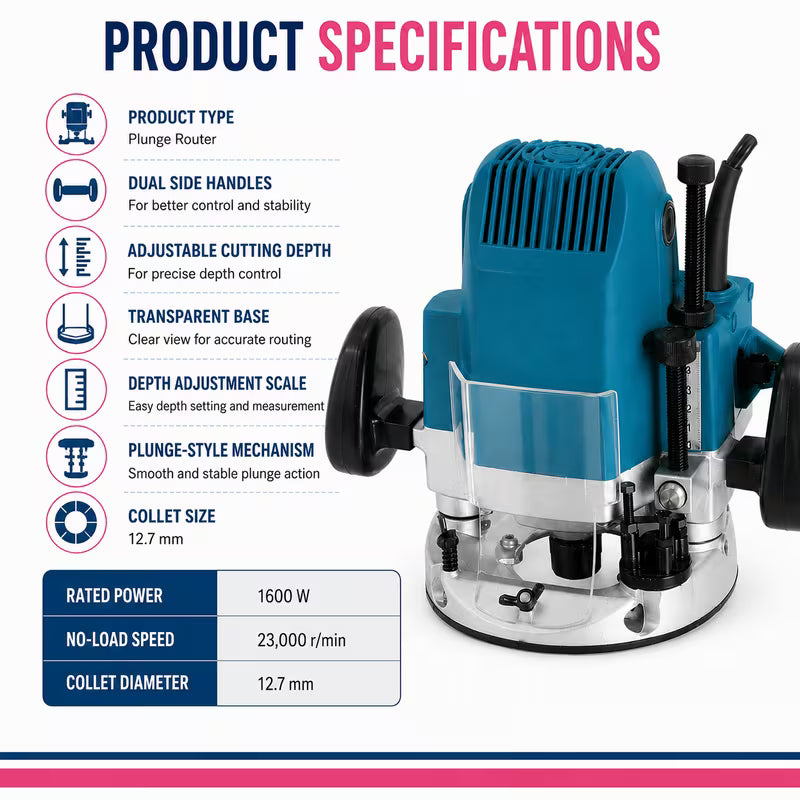1600W High-Speed Electric Wood Router (Blue) – 12.7mm Adjustable Depth Trimming & Carving Tool, 23000 RPM