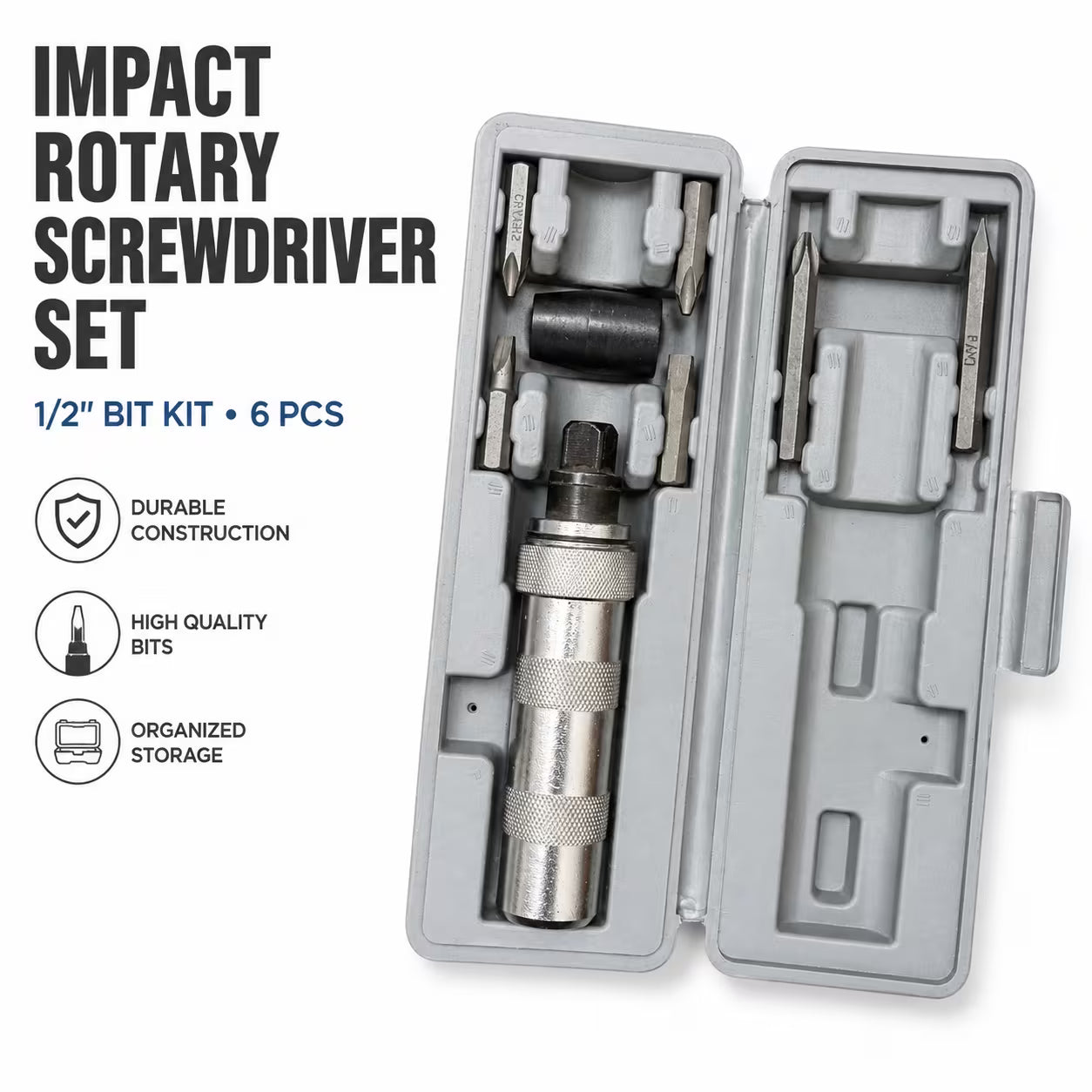 6-Piece Manual Impact Driver Bit Set – Black & Silver, 1/2-Inch Reversible Impact Screwdriver with Storage Case
