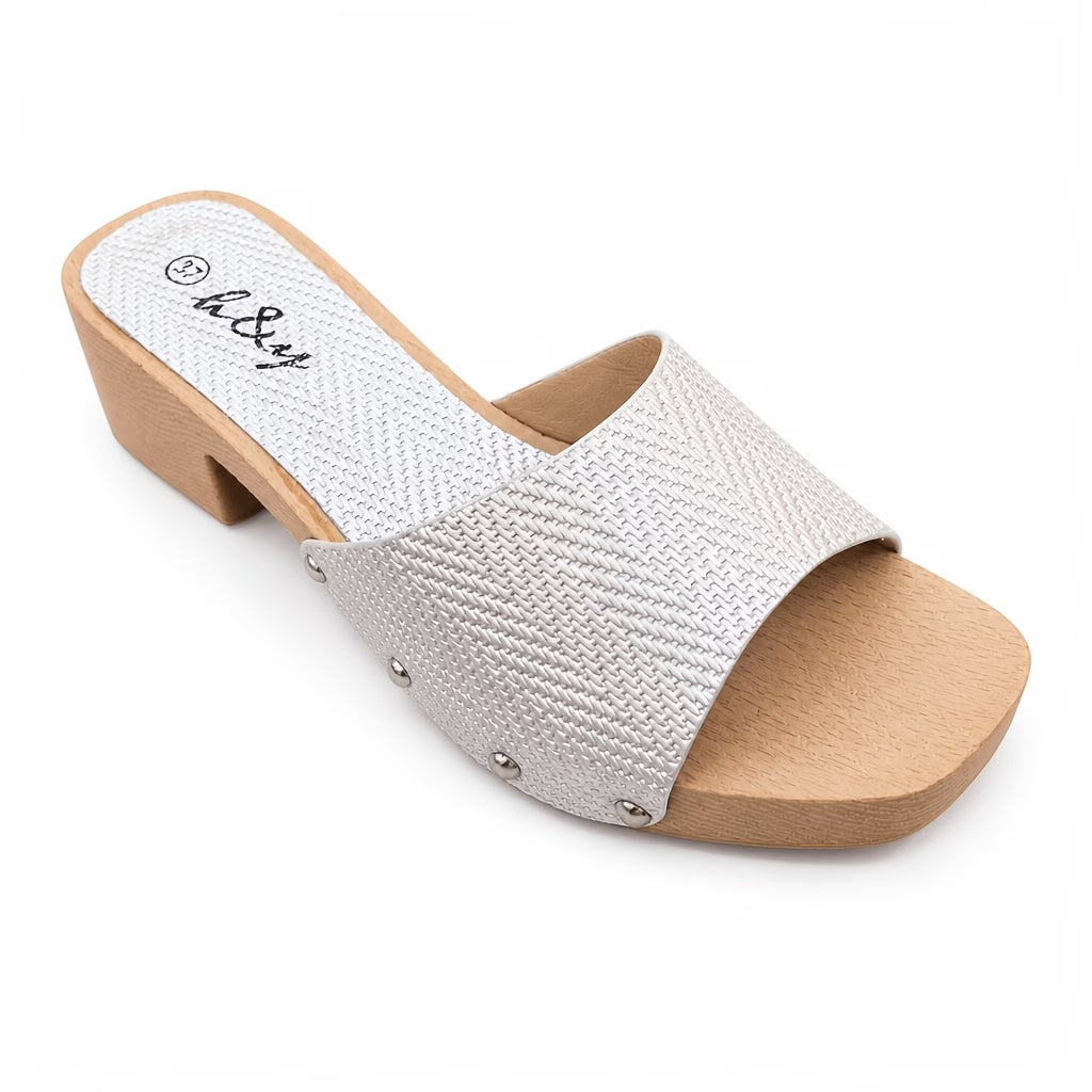 Women's Woven Rattan Mule Slides – Metallic Square Toe, Block Heel Sandals