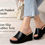 Women's Wedge Heel Mule Sandals – Platform Peep Toe, Cushioned Slip-On Design