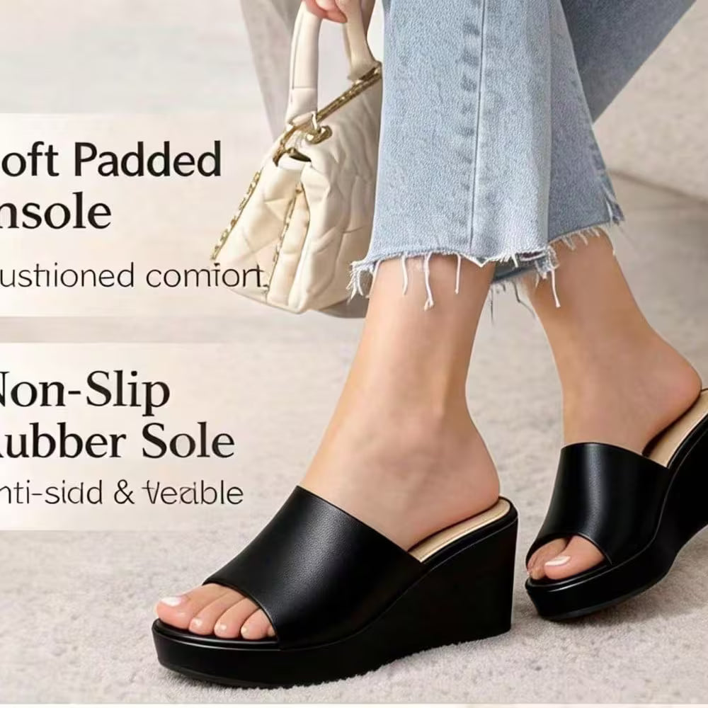 Women's Wedge Heel Mule Sandals – Platform Peep Toe, Cushioned Slip-On Design
