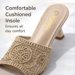 Women's Square-Toe Mule Sandals – Embroidered Mesh, Spool Heel, Golden Thread Detail