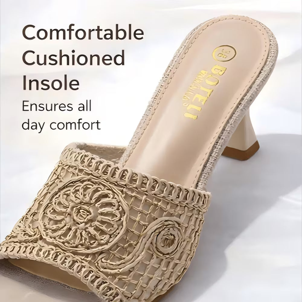 Women's Square-Toe Mule Sandals – Embroidered Mesh, Spool Heel, Golden Thread Detail