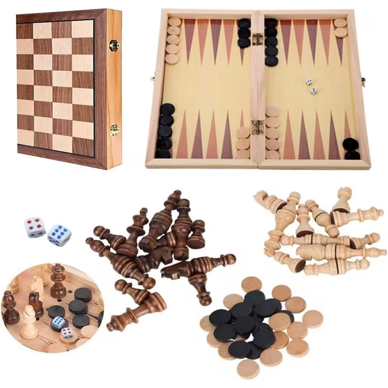 3-in-1 Wooden Chess Set with Foldable Board - Brown Wood Table Game System for Chess, Checkers & Backgammon, Portable Travel Board Game, Classic Strategy Set for Adults & Families