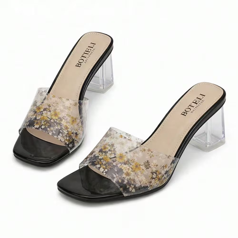 Women's Clear Chunky Heel Mules – Transparent Strap, Square Toe, Open-Toe Design