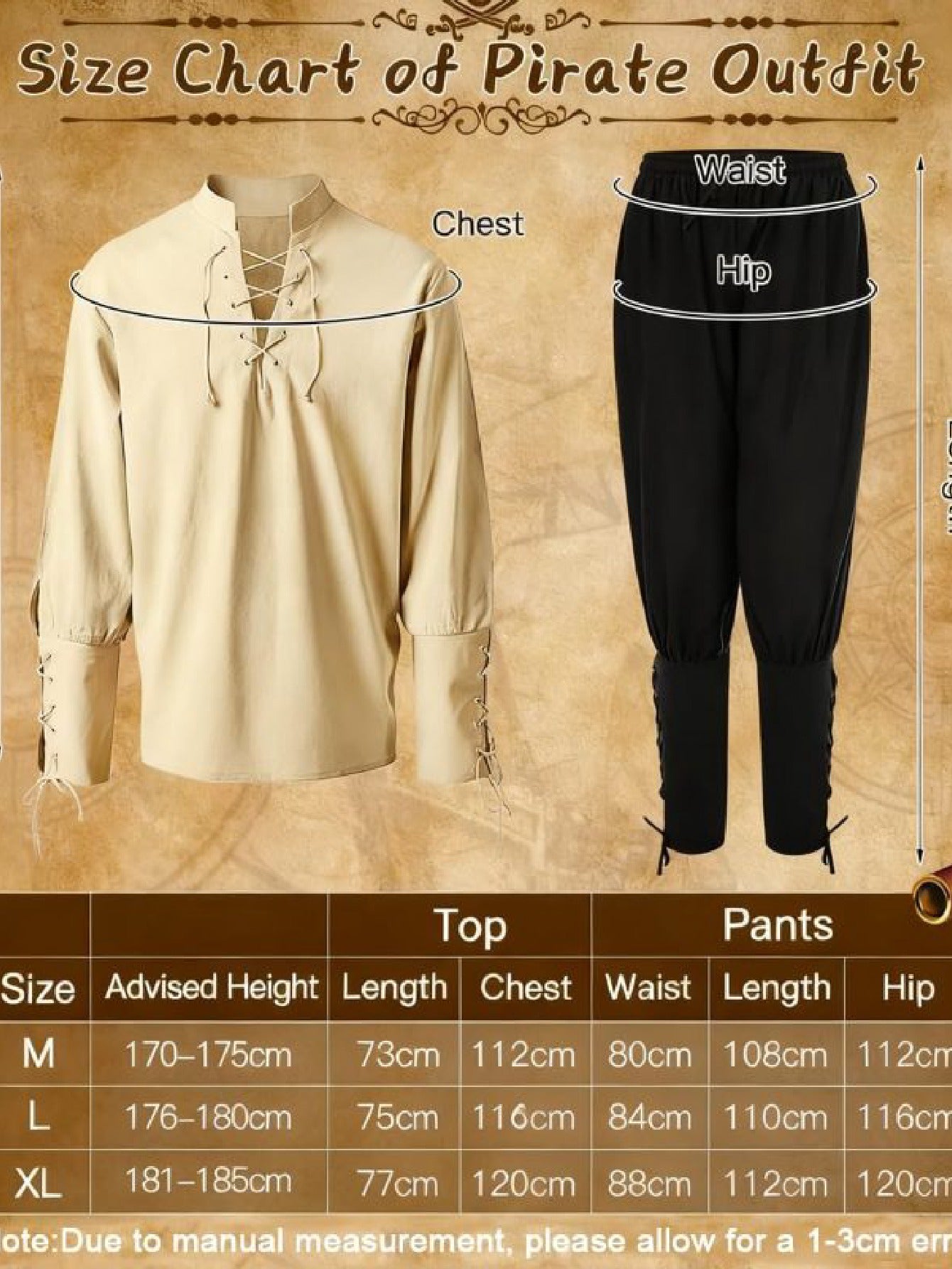 Men’s Medieval Pirate Costume Set – Retro Renaissance Shirt & Pants with Scarf & Accessories