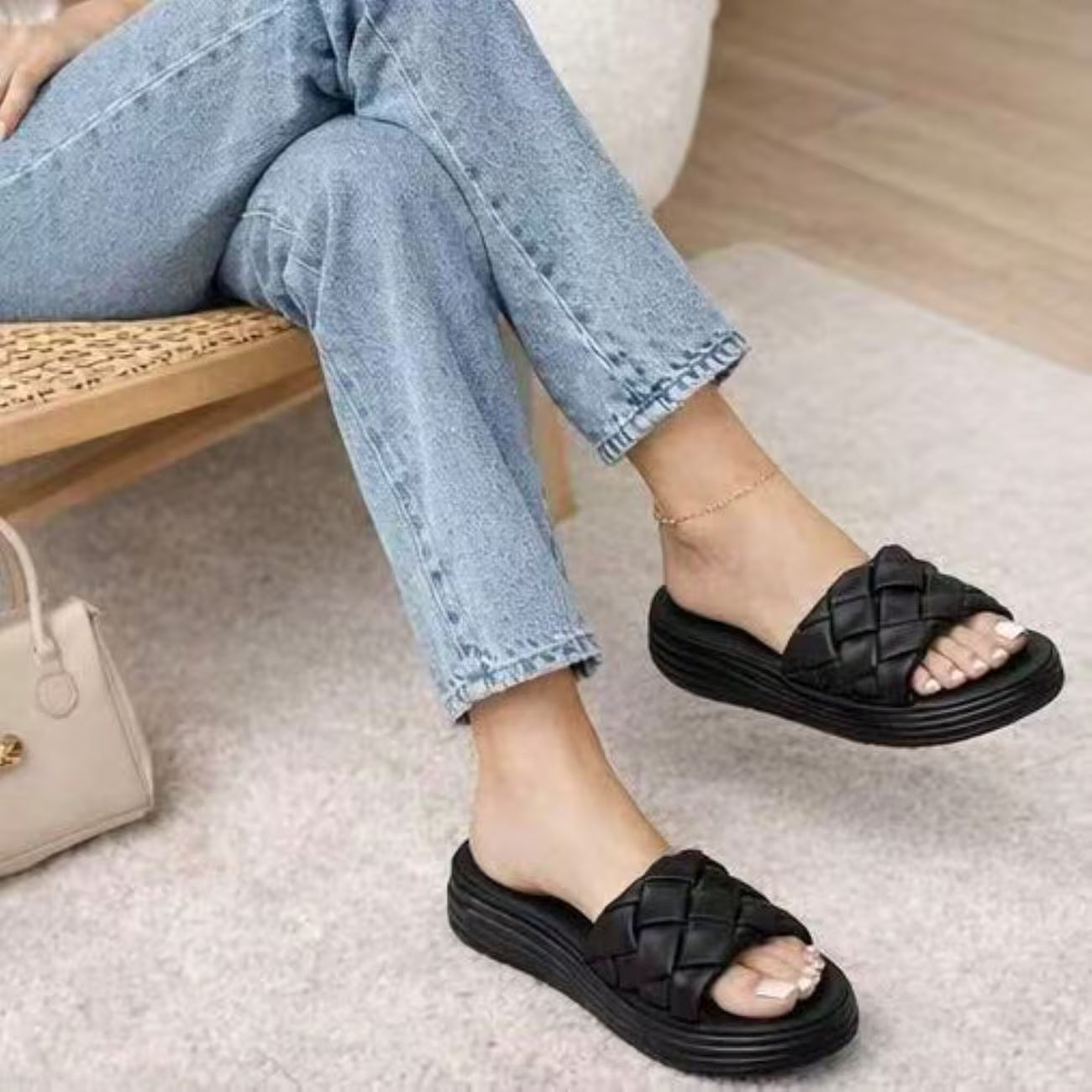 Women’s Braided Basketweave Platform Slides – Open-Toe Wedge Sandals with Cushioned Insole