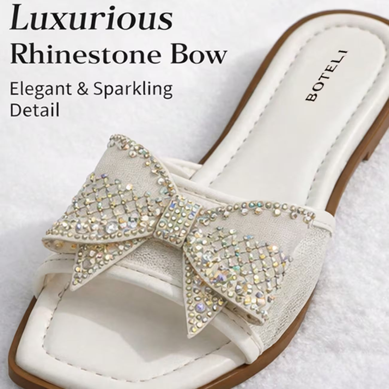 Women’s Rhinestone Bow Square-Toe Slide Sandals – Cushioned Flat Summer Shoes